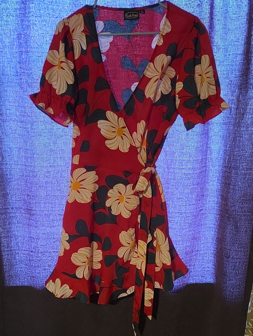 Voodoo Vixen Red Wrap Dress with Cream Floral Print